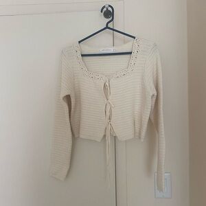 Cream Crocheted Tie-Front Cardigan